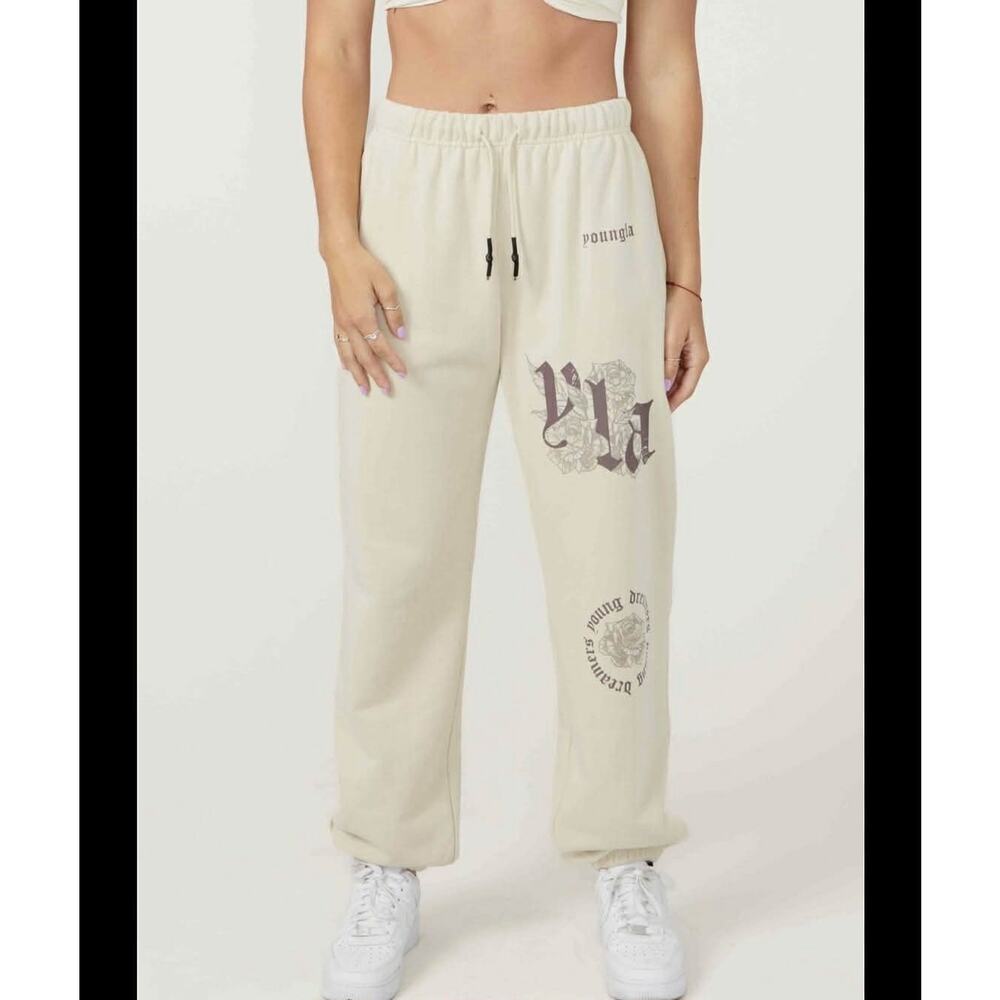 YoungLA Joggers Women’s Size Medium M Beige Dreamers Club Fleece Sweatpants